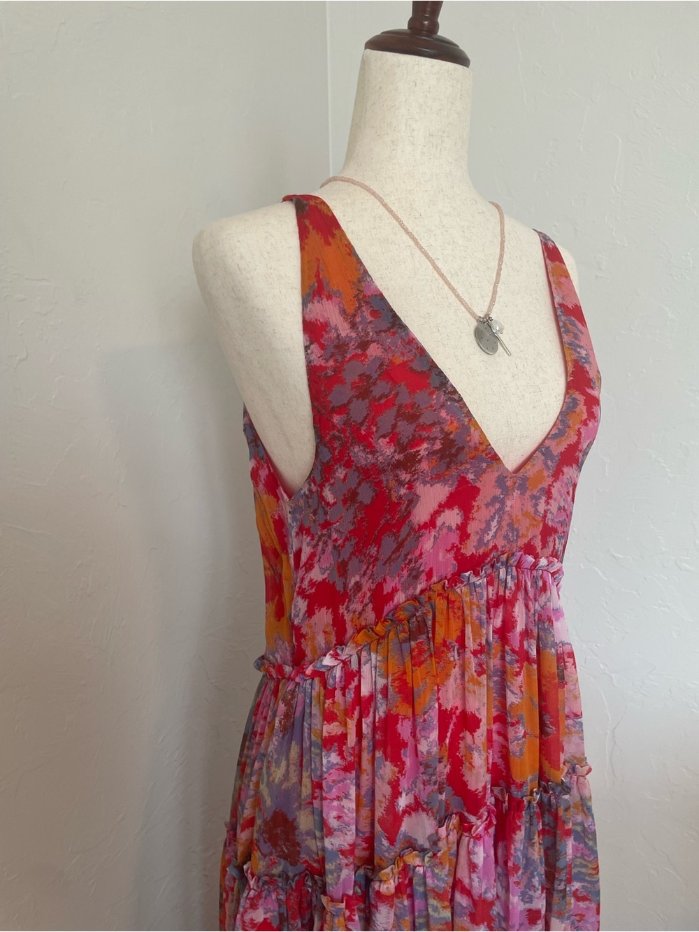 Free People Red Julianna Chiffon Maxi Dress Bohemian Summer Deep V Pockets Flowy - Picture 8 of 16
